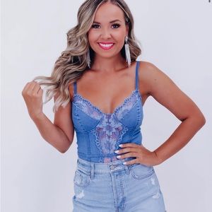 DENIM AND LACE BODYSUIT - MEDIUM DENIM - size medium